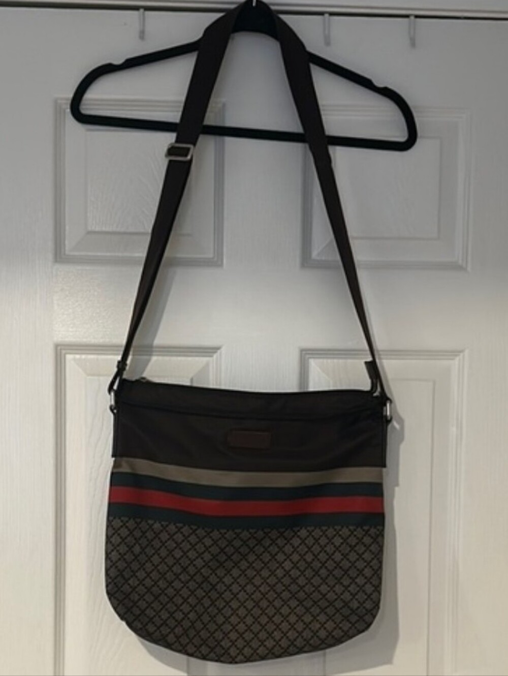 Gucci Diamante Brown Crossbody Web Nylon Messenger Bag with Red Accent